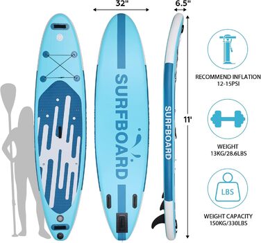 Надувна SUP-дошка YU YUSING 320/335x76x16,5 см з регульованим веслом, насосом, рюкзаком, страховочним шнуром, водонепроникною сумкою, для серфінгу, вантажопідйомність 150 кг