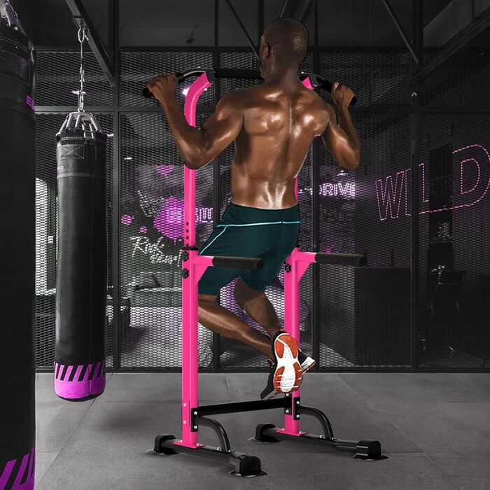 SDHYL Комплекс для тренувань Power Tower: турнік, бруси для віджимань, петлі для підтягувань, регульована висота, тренажер для пресу та спини. Підходить для початківців та професіоналів. Рожевий/Чорний