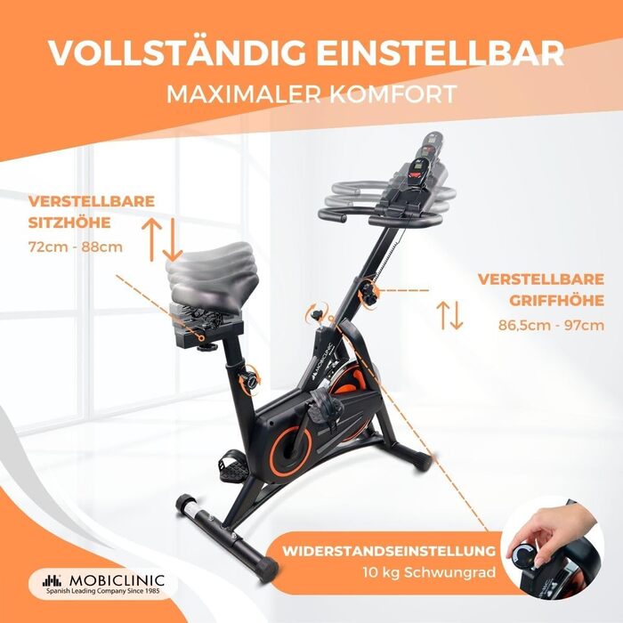 Велотренажер Mobiclinic Fitness Makalu, 10 кг маховик, регульований опір, LCD-дисплей, пульсомір, тримач для пляшки та смартфона, європейський бренд