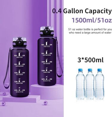 Спортивна пляшка для води Grsta 1,5 л, BPA Free, з фільтром і мітками часу, для газованої води, герметична, для спортзалу, школи, офісу та вулиці, темно-фіолетова