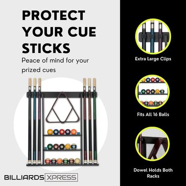 Тримач для кия для більярду Pool-Queue-Regal з 16 тримачами для куль та 6 шт. крейди, чорний