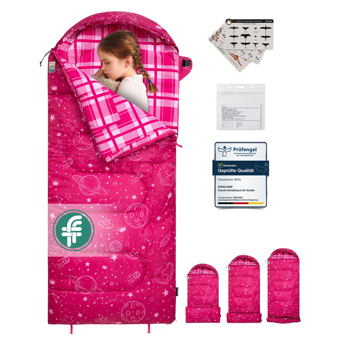 Спальний мішок KingCamp для дітей, фланелевий, легкий, водонепроникний, компактний, зимовий, 4 сезони, для кемпінгу, підходить для дітей до 140 см, комфортна температура: 7°C, рожевий, регульована довжина