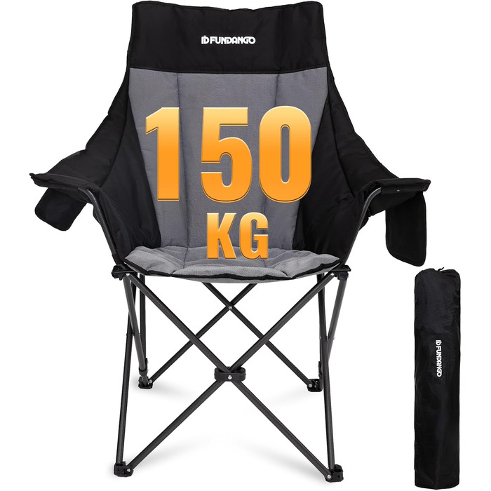 Складний туристичний стілець Fundango 150 кг, великий стілець для кемпінгу з високою спинкою, зручний з підлокітниками для саду, відпочинку на природі, риболовлі, дача
