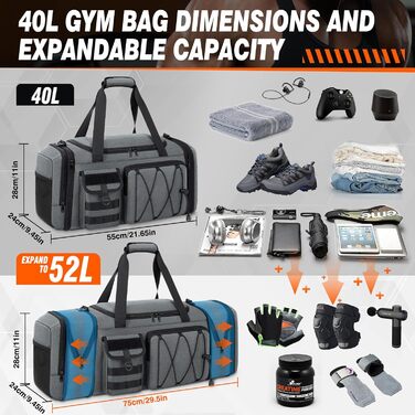 Спортивна сумка RAINSMORE 40L, водовідштовхувальна, з відділенням для взуття, для чоловіків та жінок, сіро-чорна