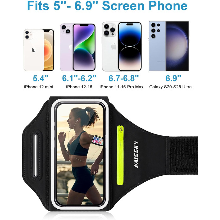 Спортивний браслет для телефону: фіксатор для бігу, сумка для мобільного з кишенею для навушників, аксесуар для бігу. Підходить для iPhone 17/16/15/14/13 Pro Max, Galaxy S25/S24/S23 Ultra (до 6.9 дюймів). Колір: зелений, з блискавкою.