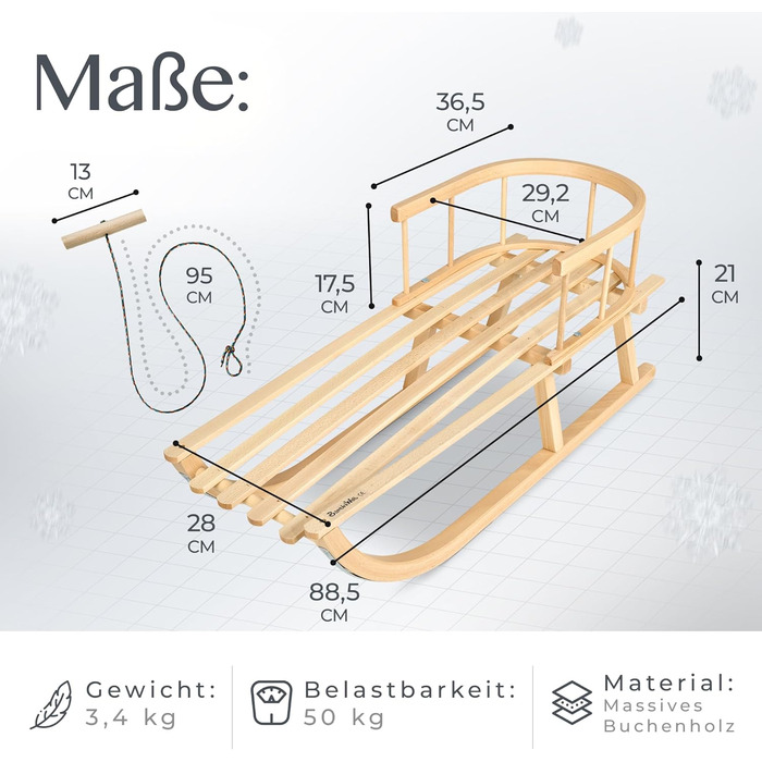 Дерев'яні санки BambiniWelt з підніжкою та тяговим тросом + зимовий чохол для ніг 108 см – тепла вовна, водовідштовхуючі – комбінований набір для дитячої коляски та візка Чорний