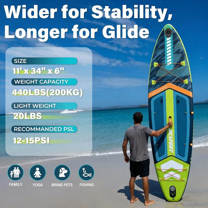 SUP дошка AKSPORT 11' надувна з повним комплектом аксесуарів, 34 дюйми, антиковзке покриття, для дорослих та підлітків (блакитно-зелена)