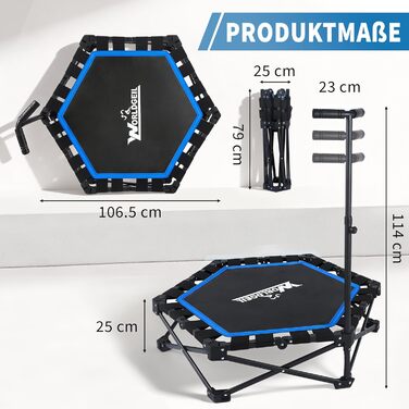 Складаний фітнес-батут для дому з регульованою ручкою, Ø 86.5 см, навантаження до 150 кг, синій — для дорослих та дітей