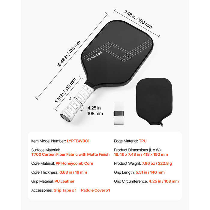 Pickleball-ракетка VEVOR з вуглецевим покриттям T700 та сотовою структурою, професійна ракетка для піклболу для дорослих, чорна