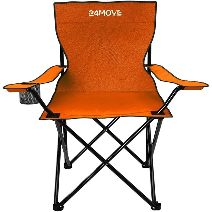 Складний стілець 24MOVE® для кемпінгу, риболовлі та відпочинку на природі з підстаканником. Зручний, компактний, з поліестеру, оранжевого кольору.
