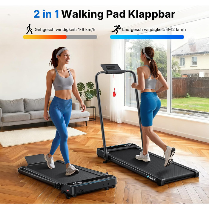 MERACH Walking Pad - біговий доріжки 3-в-1 для дому та офісу, регулювання нахилу 0-6%, швидкість 0-12 км/год, тиха робота 45dB, LED дисплей