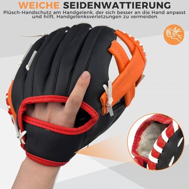 Рукавиця для бейсболу та софтболу з м'ячем, дитяча та доросла, потовщена, змагальна, помаранчево-чорна, 11.5 дюймів