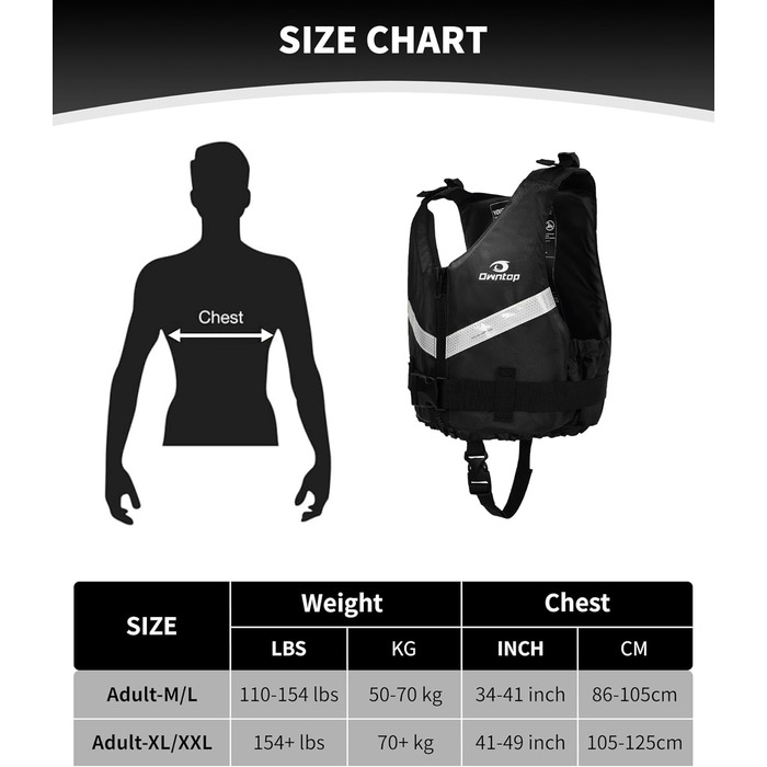 Рятувальний жилет Owntop для дорослих (XL/XXL, 70+ кг) – унісекс, для каякінгу, риболовлі, вітрильного спорту та водних видів спорту, чорний