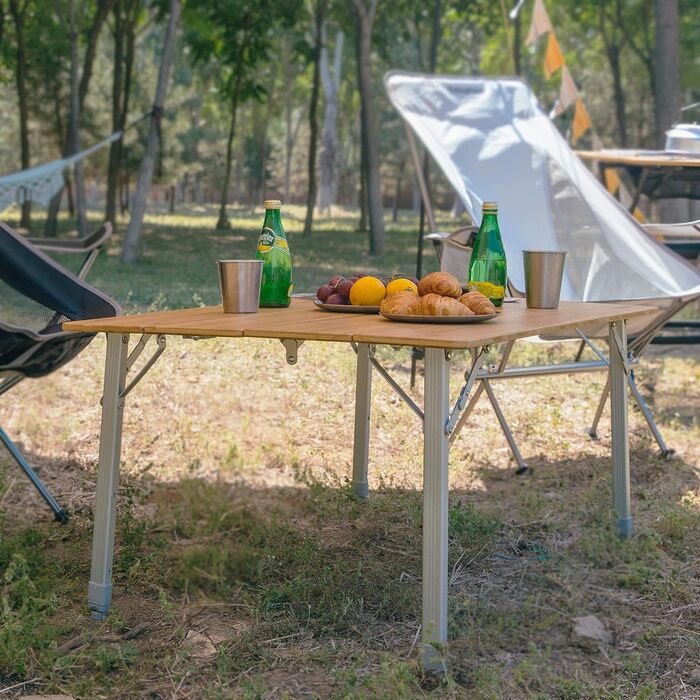 Складаний столик KingCamp з бамбука з UV-захистом, регульована висота, для кемпінгу, саду, грилю, пікніка, офісу (100x72 см/120x70 см), 3 рівня висоти - 100x65 см