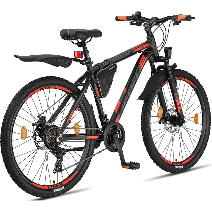 Гірський велосипед Licorne Bike Effect Premium, алюмінієвий, 21 швидкість, дискові гальма, для хлопців та дівчат, 26 дюймів, чорний/помаранчевий