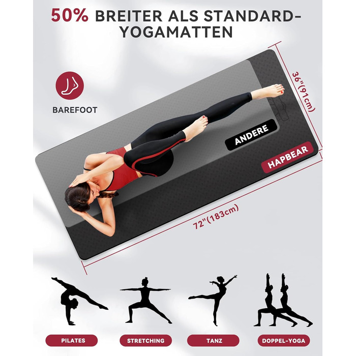 Йога мат HAPBEAR XXL 183x91x6 мм - неслизька, для фітнесу, з гумовими стрічками та сумкою, чорний