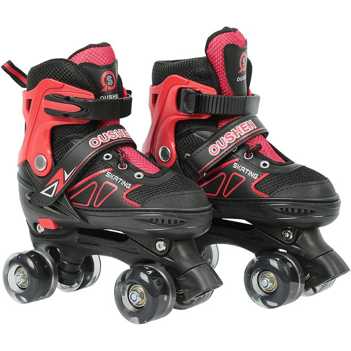 Інлайнери (ролики) для дітей та дорослих, розмір M, з великими колесами 76 мм, регульовані, світлодіодні, червоно-чорні