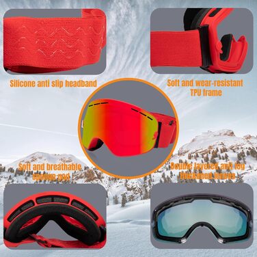 Окуляри для сноуборду Queshark: подвійна сферична лінза, UV400, антизапітніння, сумісність з шоломом, чорний & коричневий (червоний)