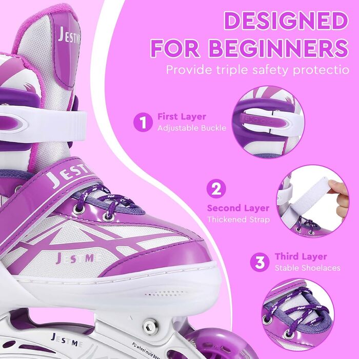 Дитячі ролики для дівчаток, регульовані, ролики-інлайни, ролики для дітей, для занять в приміщенні та на вулиці, розмір M (EU32-36), фіолетовий