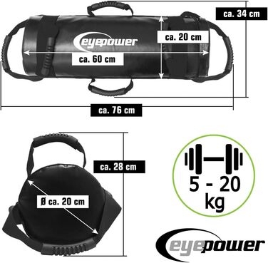 Eyepower професійний силовий мішок 20 кг + 4 водонепроникні кеглі з залізним піском, 6 ручок, фітнес сендбег для дому, тренажер для преса та спини, чорний