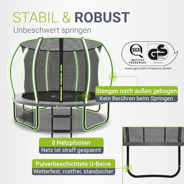 Трамплін Juskys SkyBounce Ø 228/305/366 см для саду з сіткою безпеки та драбиною