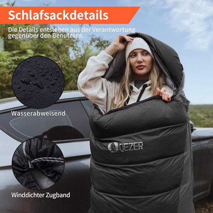 Сплячий мішок пуховий зимовий, 600FP+ Преміум пух, 12°C до -24°C, легкий та теплий для 3-4 сезонів, кемпінг, піші прогулянки та трекінг, оранжевий 12°C (чорний 0°C)