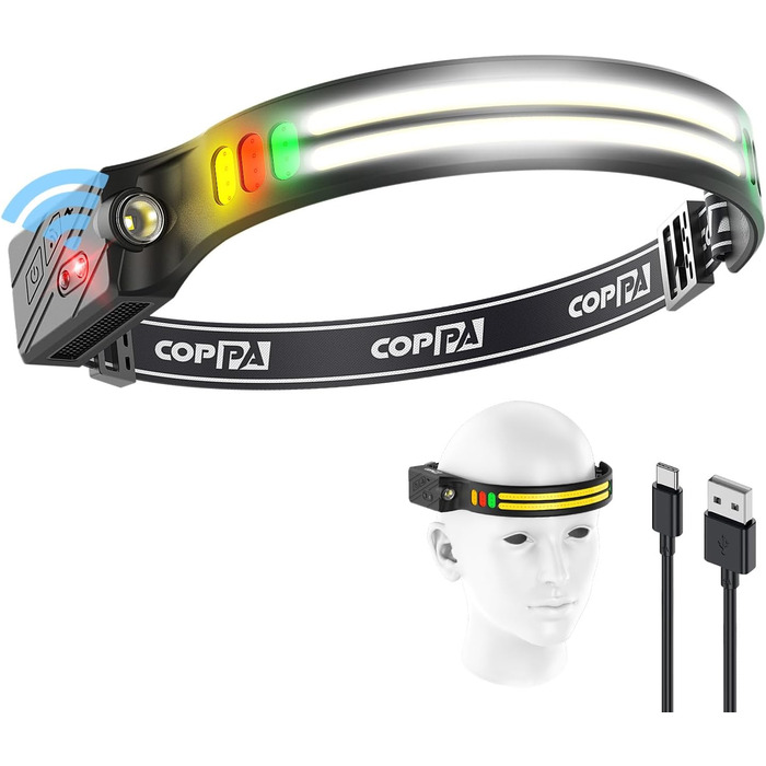 Налобний ліхтар COPPA H4C LED з перезарядкою, комплект з широким та точковим світлом, білий, жовтий, червоний, зелений, з датчиком руху для дітей, кемпінгу, бігу, риболовлі, альпінізму, ремонту, джогінгу