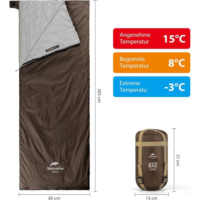 Спальний мішок Naturehike Deckenschlafsack - для туризму та кемпінгу, 7°C, легкий, підлітковий та дорослий (LW180-Braun)