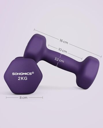 Гантелі SONGMICS 2 x 2 кг, неопрена, шестигранні, для фітнесу та силових тренувань вдома, фіолетові