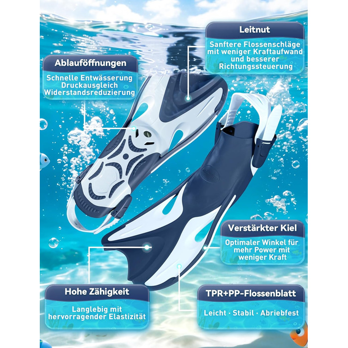Ласти дитячі Supertrip Schnorchelflossen (SeaBlue, S/M 26-32) для плавання, снорклінгу та дайвінгу, регульовані, компактні для подорожей (6-14 років)