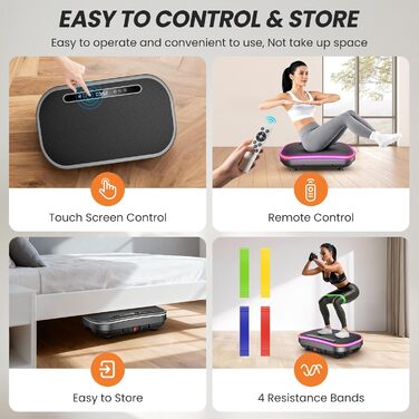 Платформа для вібраційного масажу для схуднення з еластичними стрічками, 9 режимів, 120 рівнів інтенсивності, Bluetooth, LED-дисплей, 150 кг, срібна