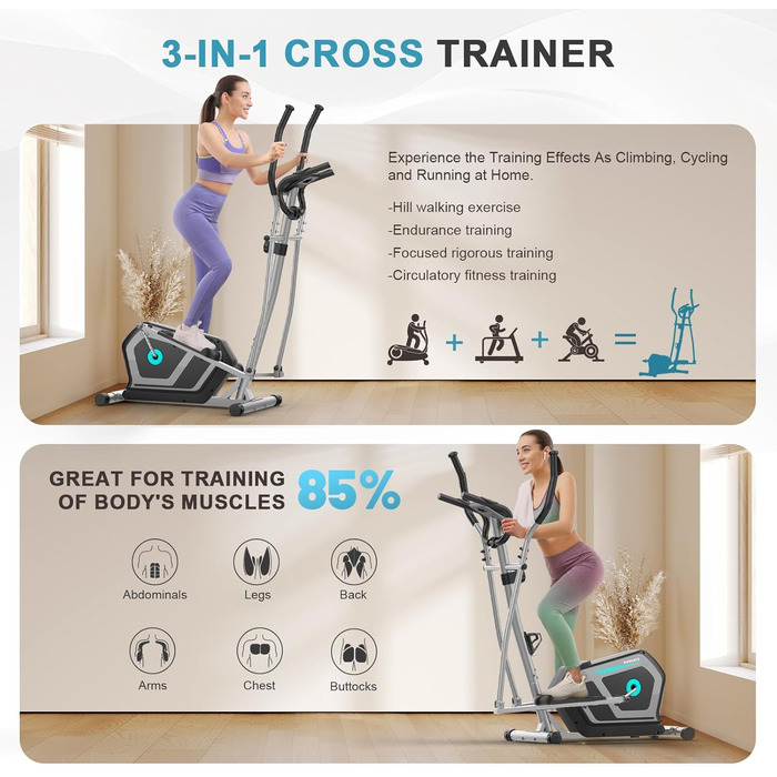 Еліптичний тренажер Crosstrainer 3-в-1 з LCD-монітором та регулюванням навантаження до 287 кг (Срібний)