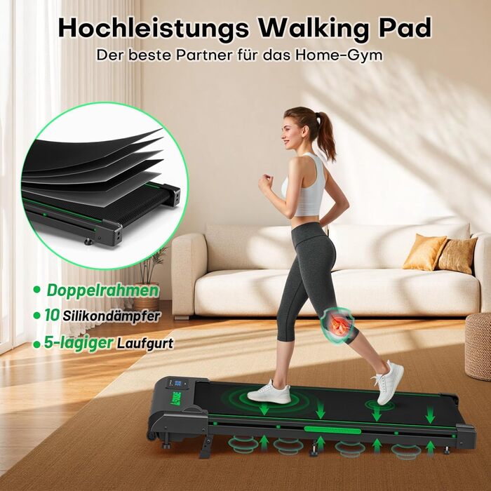 Walking Pad - біговий доріжки для дому з регулюванням нахилу до 9%, потужність 2.5HP, LED-дисплей, пульт дистанційного керування, 12 програм, подвійне амортизація, до 150 кг, чорно-зелений