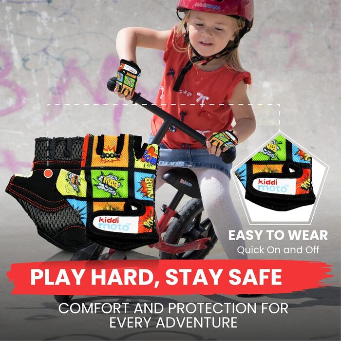 Дитячі велосипедні рукавички KIDDIMOTO без пальців для хлопчиків та дівчаток, розмір M (4-8 років), з принтом комікс