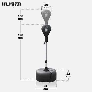Боксерський м'яч GORILLA SPORTS® з підставкою, регульована висота 120-156 см, включає мішок для боксу, самостійна підставка, боксерський тренажер для дорослих, спидбол, боксерський мішок