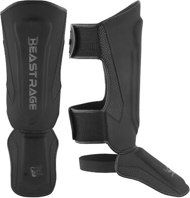 Шкіряні щитки для ніг Beast Rage для кікбоксингу, муай-тай, ММА, боксу, карате, тхеквондо та БЖЖ, з захистом зап'ястя, чорного кольору