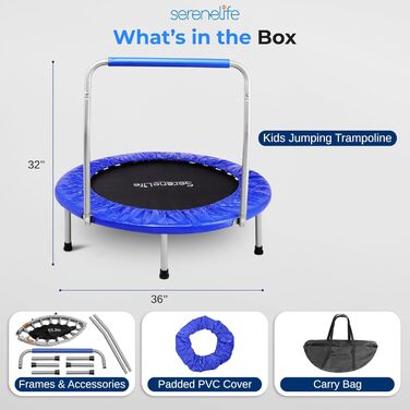 Дитячий складаний батут SereneLife 36'' з ручкою, для фітнесу та ігор у приміщенні та на вулиці, до 100 кг, синій