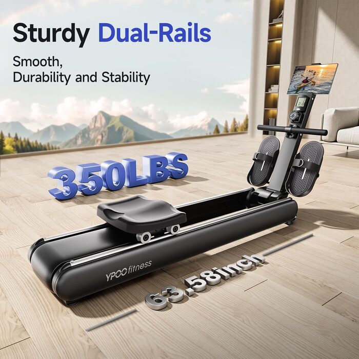 Магнітний тренажер для ходьби та греблі YPOO для дому, складаний з 16 рівнями навантаження, подвійною рейкою, LCD-дисплеєм та підтримкою додатка, чорний