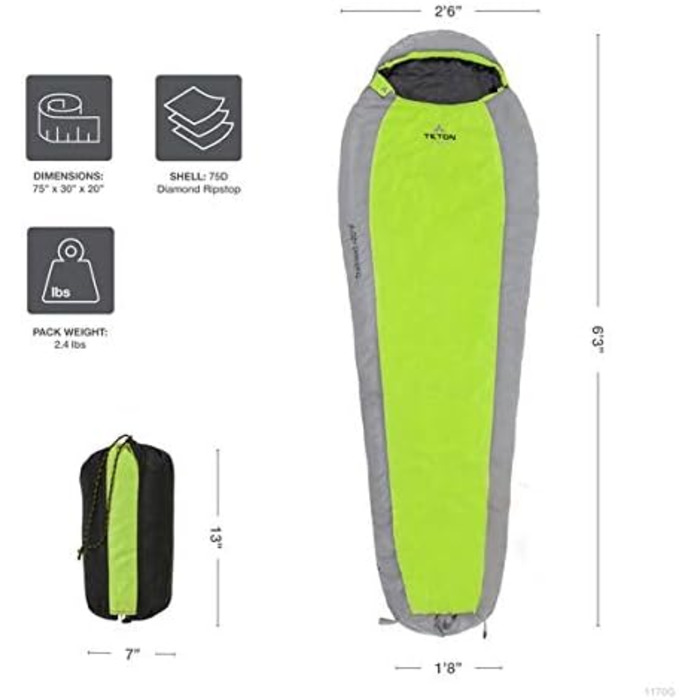 Сплячий мішок Teton Trailhead -7°C / +20°F, ультралегкий, універсальний розмір (20F Short, зелений/сірий)