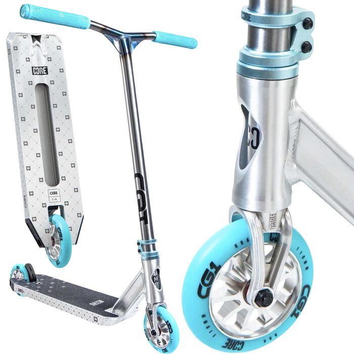 Трюковий самокат CORE Stunt-Scooter 110мм, ABEC 9, для дітей та дорослих (від 5 років), регульована висота 78-96см, сріблясто-бірюзовий + стікер Fantic26