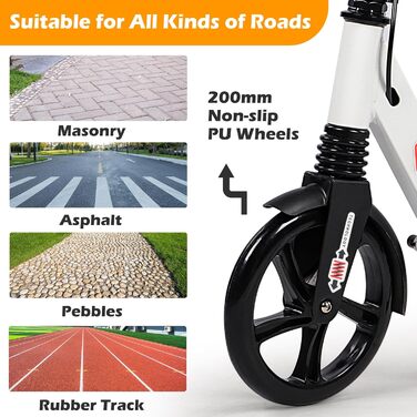 Дитячий складаний самокат з великими колесами 200 мм, дискові гальма, регульована висота, з ремінним ременем, для дітей 8-15 років (Білий)