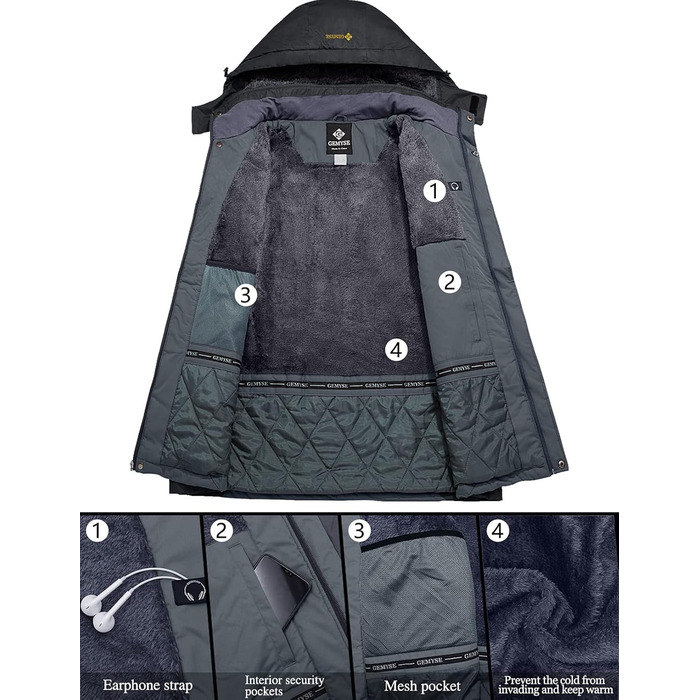 Чоловіча водонепроникна лижна куртка GEMYSE з флісовою підкладкою, вітрозахисна, зимова куртка з капюшоном (S, чорний/сірий)