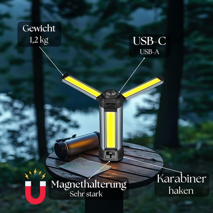 Багатофункціональний ліхтар 12 в 1 з LED, акумулятором, магнітом та телескопічною штангою: ліхтар для кемпінгу, ліхтарик, робочий ліхтар для майстерні, powerbank – для саду, відпочинку на природі та не тільки