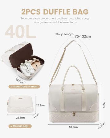 Сумка-мішок LOVEVOOK для подорожей: жіноча дорожня сумка-мішок з відділенням для взуття та мокрих речей, 2 шт. у наборі, 40 л, бежевий колір