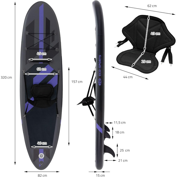 Надувна SUP-дошка ECD Germany 320x82x15 см з каяк-сидінням, комплект аксесуарів, чорна/блакитна/бірюзова/сіро-оранжева, ПВХ, алюмінієве весло, для серфінгу та веслування