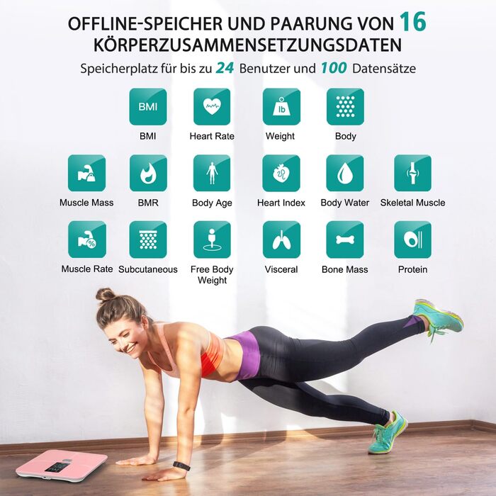 Електрична вага для вимірювання складу тіла ABLEGRID з LED-дисплеєм, рожева. Вимірює жир, м'язи, BMI, частоту серця та інші параметри (16 показників). Макс. вага: 180 кг