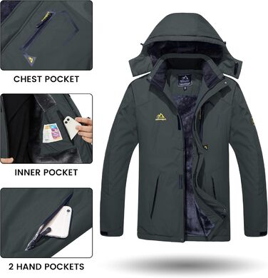 TACVASEN чоловіча зимова водонепроникна вітрозахисна куртка з флісовою підкладкою, для катання на лижах, водонепроникний дощовик з капюшоном, армійного кольору (XXL, вугільно-сірий)