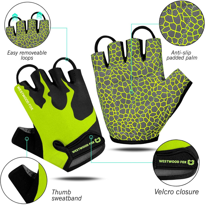 Велосипедні рукавички WESTWOOD FOX, напівпальцеві, унісекс, з підкладками на ручках, нековзна долоня, для їзди на велосипеді, літні, MTB, для чоловіків та жінок, без пальців, короткі, для гірського велосипеда (XL, Papagei)