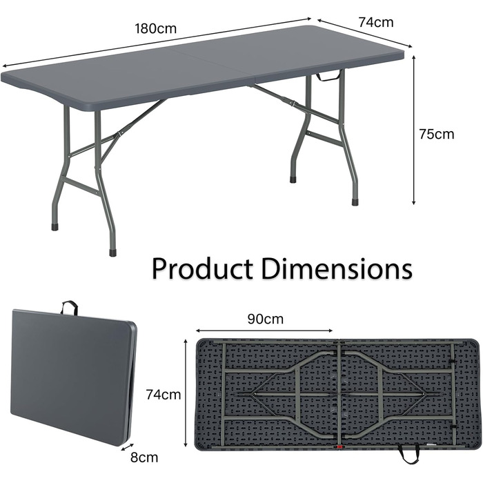 Складний кемпінговий стіл Komfotteu HDPE з металевим каркасом, 180x74x75 см (Сірий) - для пікніка, грилю, вечірок, витримує до 160 кг