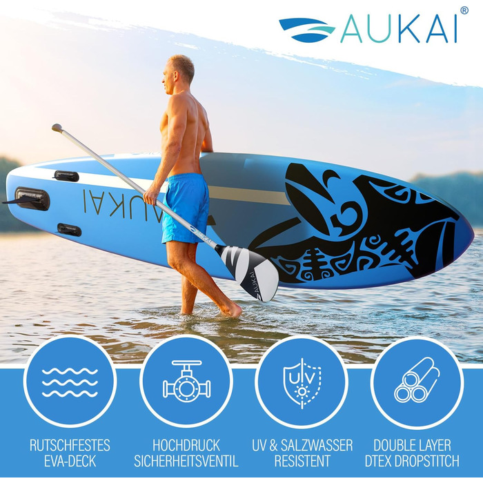 Надувний SUP Board AUKAI PRO 320см | 2-в-1 з каяком (сидіння в комплекті) | 5 років гарантія | Комплект: сидіння, кріплення для Action-Cam, фіксатор для ноги, насос, рюкзак | Колір: Ocean-Türkis